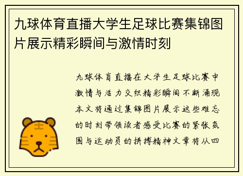 九球体育直播大学生足球比赛集锦图片展示精彩瞬间与激情时刻