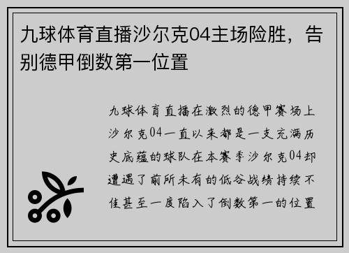 九球体育直播沙尔克04主场险胜，告别德甲倒数第一位置