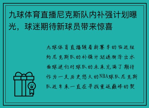 九球体育直播尼克斯队内补强计划曝光，球迷期待新球员带来惊喜