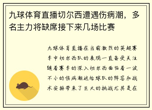 九球体育直播切尔西遭遇伤病潮，多名主力将缺席接下来几场比赛