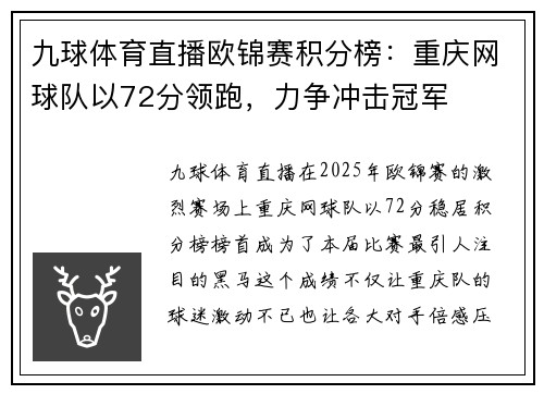 九球体育直播欧锦赛积分榜：重庆网球队以72分领跑，力争冲击冠军