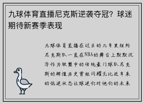 九球体育直播尼克斯逆袭夺冠？球迷期待新赛季表现